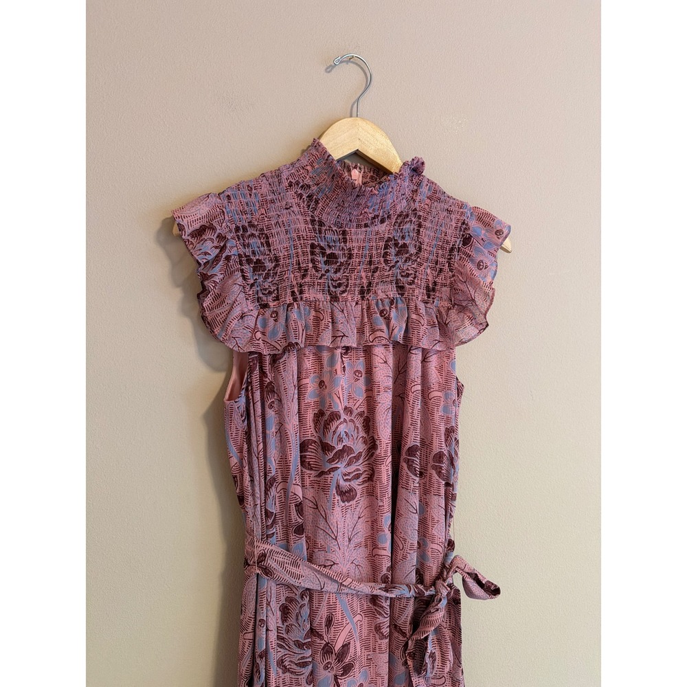 Likely Pink Floral Smocked High Neck Ruffle Midi Levine Dress Size 8 - Picture 3 of 9